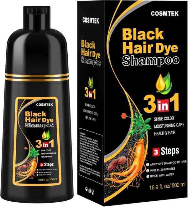 Black Hair Dye Shampoo,Shampoo para Canas 3 en 1, Champú Colorante para Teñir el Cabello Negro, Cobertura de Canas con Ingredientes Herbales, 500ml (Negro)