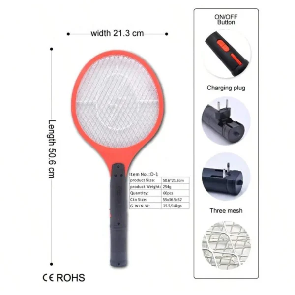 Raqueta Eléctrica Mata Mosquitos Recargable – Con Enchufe Plegable, Interruptor de Seguridad y Botón de Acción, para Interiores y Exteriores, Moscas e Insectos Voladores
