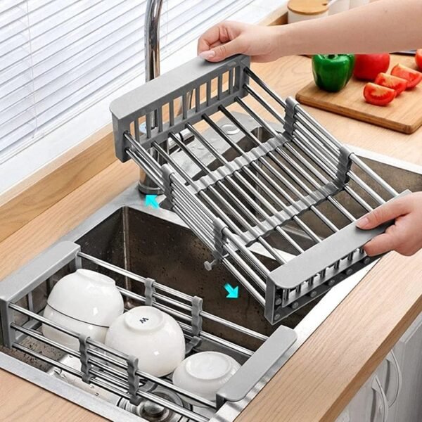 Cesta de drenaje para fregadero de cocina para el hogar, estante de acero inoxidable duradero, escurridor de platos retráctil, organizador de encimera de cocina, ahorro de espacio para verduras,